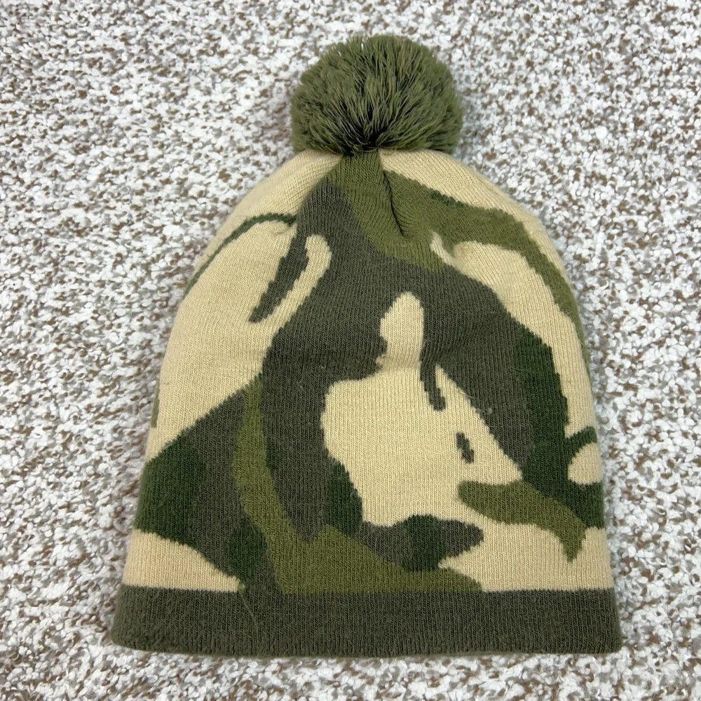 The North Face Hat Beanie Mens One Size Green Camo Pom Knit Winter Outdoor Army